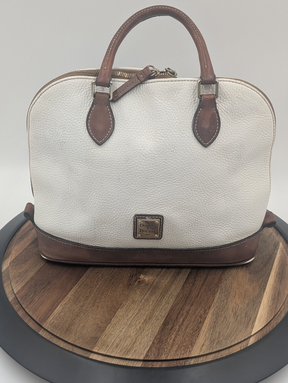 Dooney & Bourke Pebble Grain White Leather Zip Dome Satchel British Tan Purse